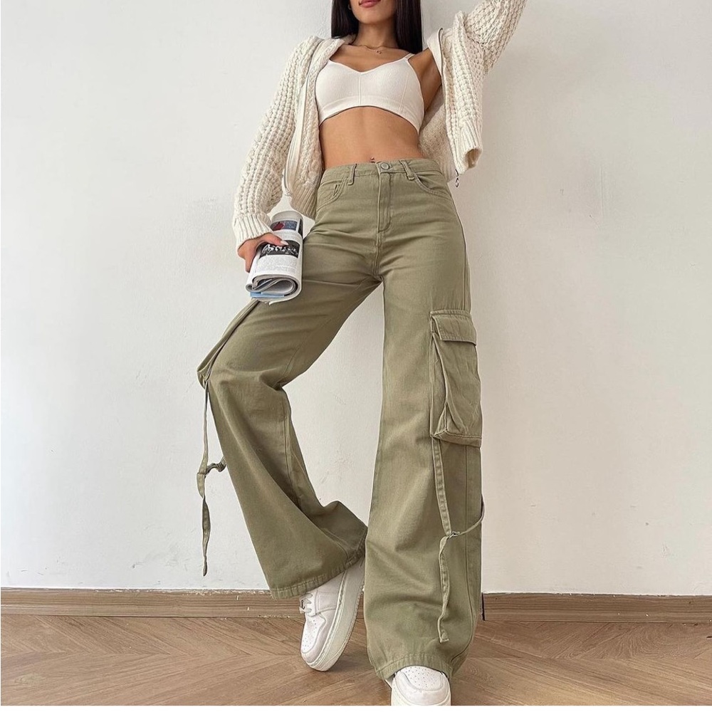 Zara Olive Green Cargo Wide-Leg Pants